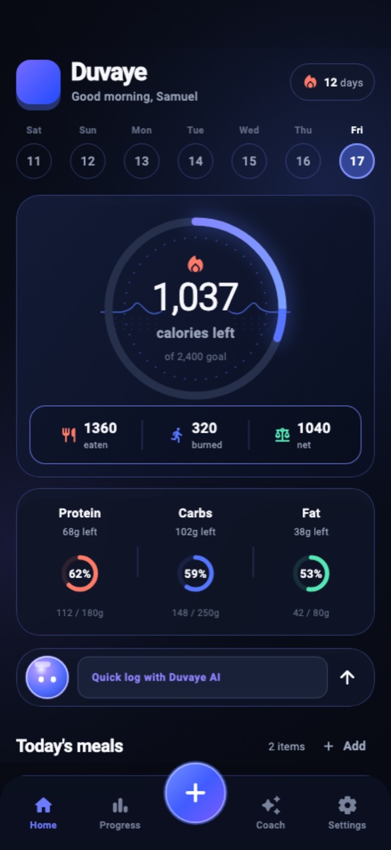 Duvaye home screen showing calories left, macros and today's meals