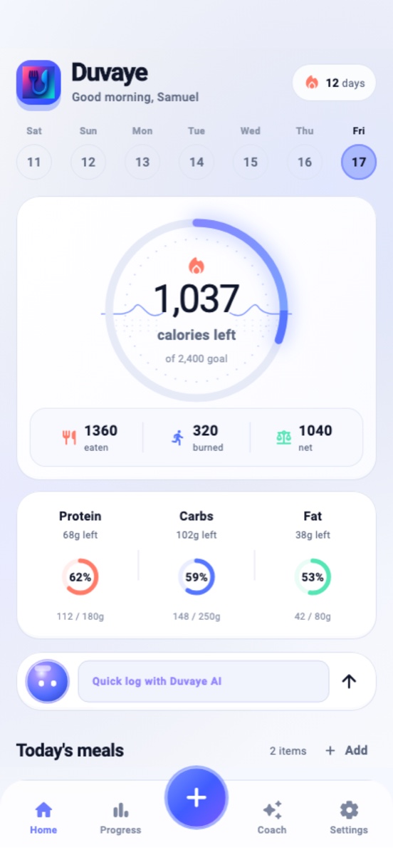 Duvaye home screen in light mode