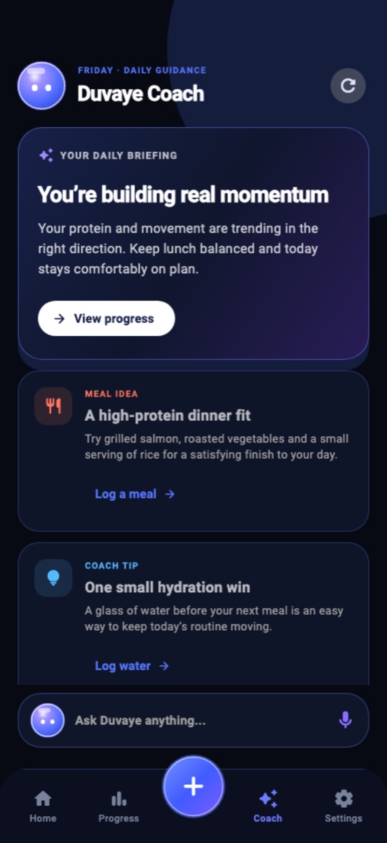 Duvaye Coach giving a daily briefing, meal idea and hydration tip